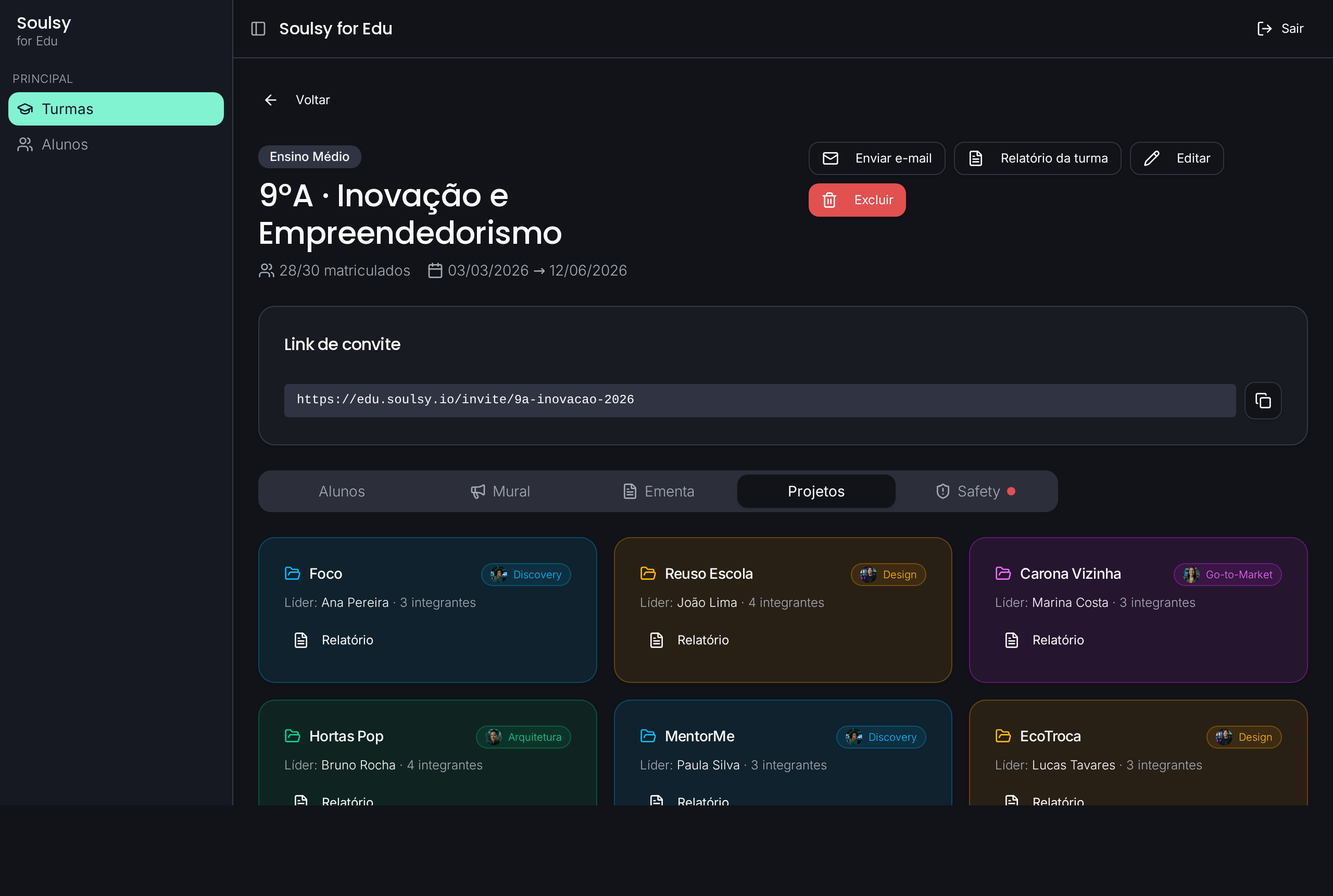 Painel do professor com lista de projetos por fase, plano de aula do copilot e alerta de safety